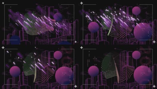 动画烟花在紫色的球体和平行线在紫色的建筑物在黑色高清在线视频素材下载