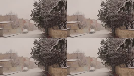 土耳其埃尔祖鲁姆下大雪。这个城市的气温可能会达到零下50摄氏度。在视频的开始有一只鸟(喜鹊)在飞翔。街上空无一人。下雪，冬季旅游。自然高清在线视频素材下载