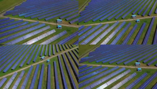 太阳能电池板是绿色可再生能源的农场。装有太阳能电池板的电站利用野外的阳光产生电流。轨道的看法。高清在线视频素材下载