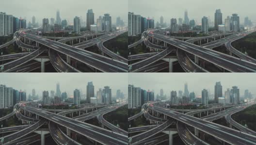 T/L ZI天桥和城市交通高峰时段鸟瞰图，从白天到晚上/上海，中国高清在线视频素材下载