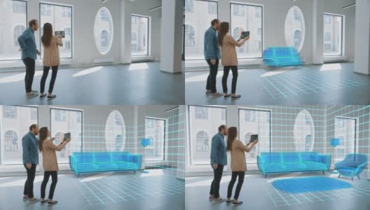 在空的新公寓:可爱的年轻夫妇使用数字平板与AR软件为他们的舒适的新家选择3D家具。快乐的年轻人用科技设计装饰他们的房子高清在线视频素材下载