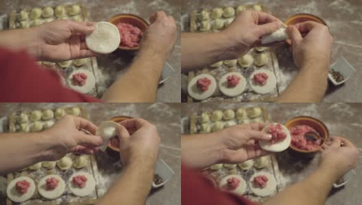 俄罗斯饺子的烹饪和雕刻过程高清在线视频素材下载