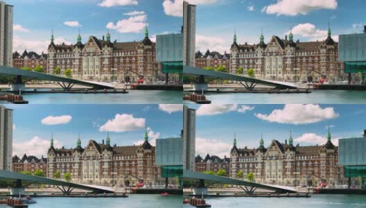 丹麦建筑christian Brygge, Langebro，丹麦。时间流逝的视频。2020年7月，丹麦哥本哈根高清在线视频素材下载