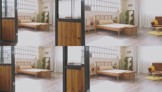 移动近距离视频的简单现代公寓卧室与自然光线高清在线视频素材下载