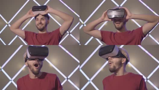 兴奋的年轻人戴上3d眼镜，做出惊讶的表情。欢乐的白人玩家在VR俱乐部享受虚拟现实的肖像。现代科技与休闲理念。高清在线视频素材下载