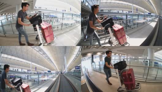 一名男子正在推行李车，办理机场登机手续高清在线视频素材下载