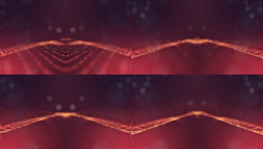 3d循环动画作为数字科幻小说的背景发光粒子像在纳米世界具有景深，散景。粒子形成线，表面网格或神秘的虚拟空间。红金1高清在线视频素材下载