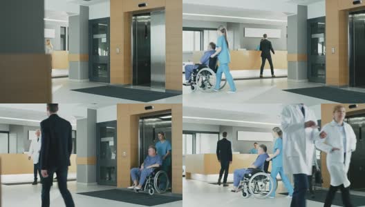 在医院，医生，护士和工作繁忙的人员，接待员与病人谈话，助理移动在轮椅上的老人。拥有专业人员的新型现代化医院。高清在线视频素材下载