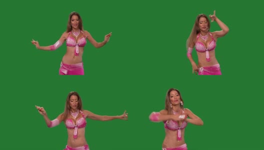 舞者。肚皮舞。肚皮舞者跳舞。绿色的屏幕。性感的粉红色裙子高清在线视频素材下载