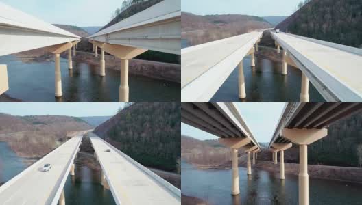 位于宾夕法尼亚州收费高速公路上的利哈伊河上的高桥。提升相机运动。高清在线视频素材下载