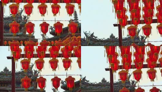 高清视频中国红灯笼。点灯庆祝春节。中国台湾美丽的寺庙夜景高清在线视频素材下载