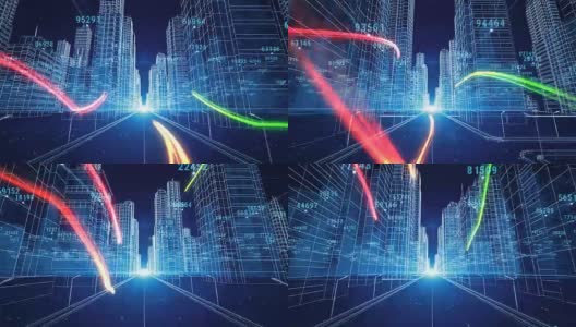 彩色笔触通过数字和网格数字夜城市。3d蓝图。商业和技术概念。3d动画。高清在线视频素材下载