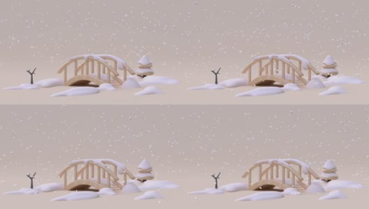 自然景观桥卡通木奶油白色下雪冬季新年圣诞概念3d渲染高清在线视频素材下载