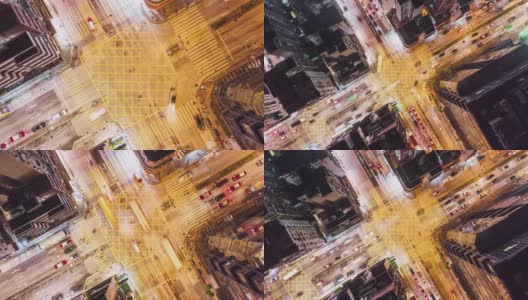 4K超高清Hyperlapse延时拍摄香港市中心夜间的车辆交通和行人过马路。无人机俯视图，向上飞行。通勤，亚洲城市生活或公共交通理念高清在线视频素材下载