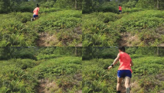 女子超级马拉松运动员在热带雨林的山坡上奔跑，慢镜头高清在线视频素材下载