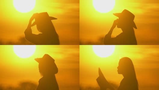 日落时戴着帽子的年轻女农民高清在线视频素材下载