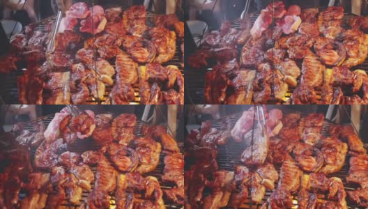 近距离的烤山猪肉高清在线视频素材下载