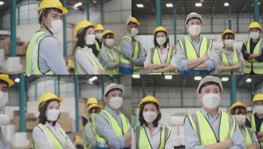 微笑自信的工人队伍站在仓库里高清在线视频素材下载