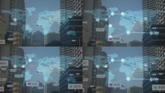 网络连接的动画与社会媒体图标和数字变化的城市景观高清在线视频素材下载