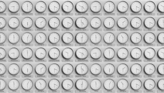 不同时区的时钟显示德国法兰克福时间。三维动画高清在线视频素材下载