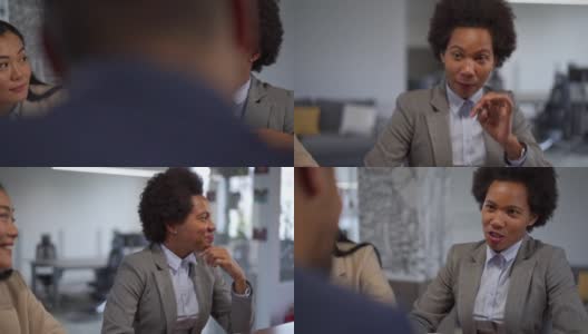 一位迷人的多种族女同事与一位高级CEO在会议室喝咖啡休息时交谈高清在线视频素材下载