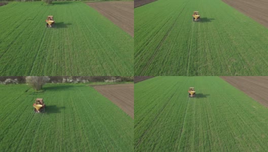 鸟瞰图在拖拉机上播撒肥料在农田上与年轻的谷物栽培高清在线视频素材下载
