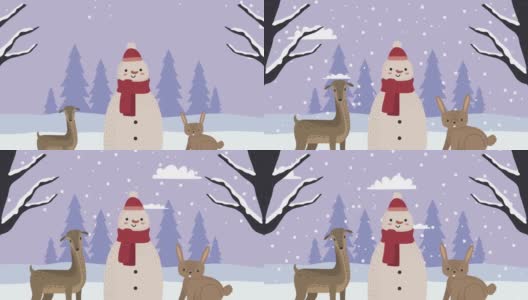 圣诞雪人和动物雪景高清在线视频素材下载