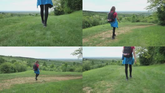 中年成年妇女徒步旅行在春天，全长模型和复制空间高清在线视频素材下载