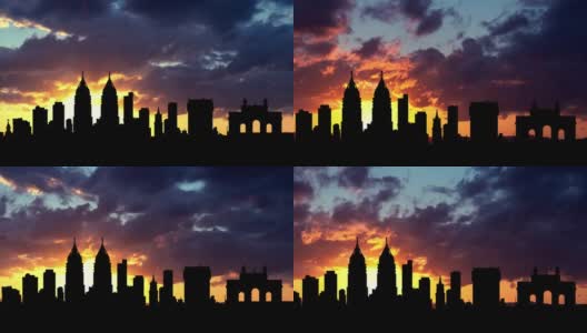 孟买日落，快速的云朵和黑暗的桥和摩天大楼剪影，印度高清在线视频素材下载