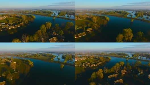 鸟瞰图。普里皮亚季河溢出。清晨的村庄。空中无人机拍摄。高清在线视频素材下载
