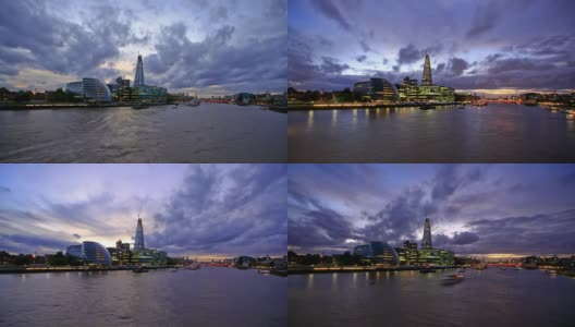 伦敦日落高清时间推移。伦敦塔桥上的泰晤士河高清在线视频素材下载