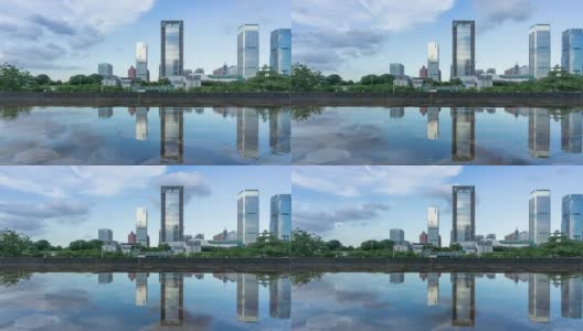 深圳的现代建筑外观和池塘，时光流逝。高清在线视频素材下载
