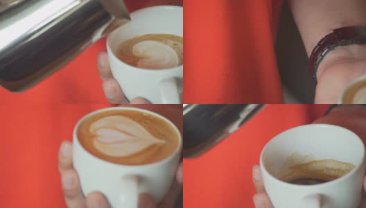 拿铁艺术，咖啡师倒牛奶高清在线视频素材下载