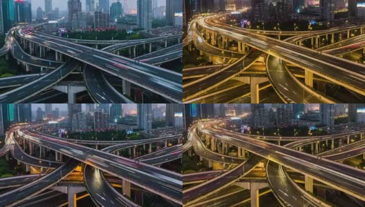 时光流逝——上海，繁华路口，南浦大桥，昼到夜的过渡高清在线视频素材下载