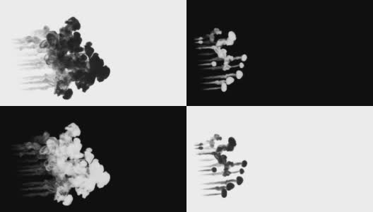 许多小剂量的黑色墨水同时注入水中，然后它们溶解，在白色背景上形成美丽的黑云。作为一个alpha通道，使用光磨高清在线视频素材下载