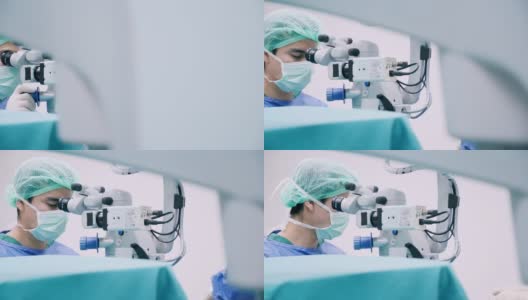 摄影，仪器护士为眼科医生增加手术工具，并在手术过程中输入显示器触摸屏，进行白内障手术、近景、手术高清在线视频素材下载