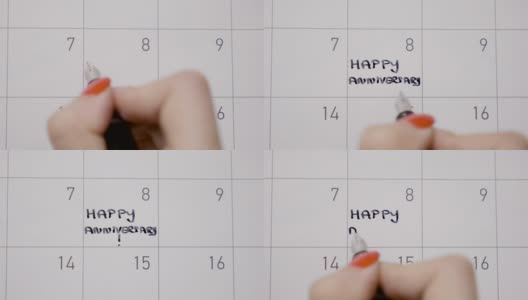女人用黑色的笔在日历上写下周年快乐作为提醒高清在线视频素材下载