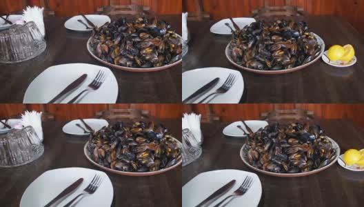 餐馆里盘子里的海鲜贻贝高清在线视频素材下载