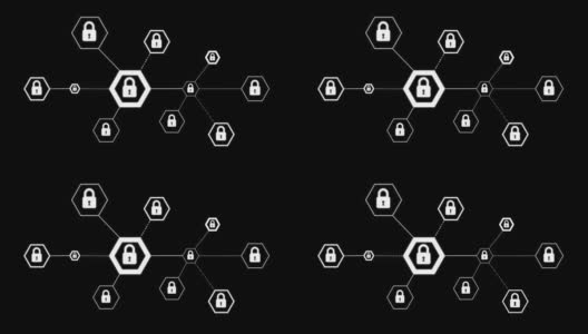 4K动画六角形带锁图标的网络安全挂锁网络技术概念在黑色背景上高清在线视频素材下载