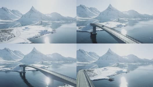 令人惊叹的罗浮敦群岛冬季风景与汽车通过一座桥高清在线视频素材下载