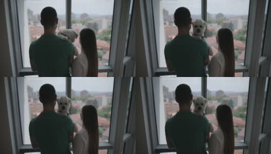 一对年轻夫妇和他们的狗在他们新家的阳台上做白日梦高清在线视频素材下载