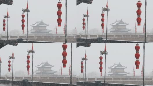 西安古城墙在雪中，中国。高清在线视频素材下载