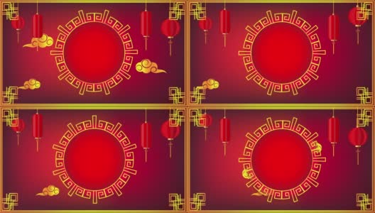 喜庆春节以红色为背景，装饰经典喜庆节日，传统农历年画以挂灯笼为传统风格高清在线视频素材下载