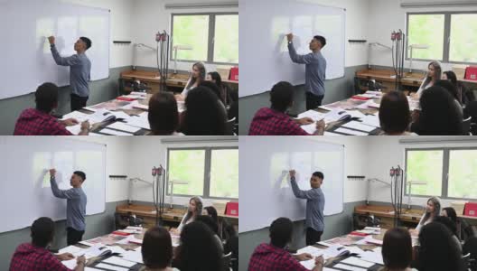 亚裔马来男讲师在教室里用白板给他的学生讲授珠宝设计课程高清在线视频素材下载