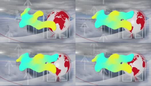 渐变抽象形状旋转的地球和多个计算机服务器对天空中的云高清在线视频素材下载