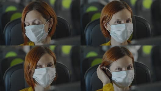 戴口罩的女士坐在机场内部，在室内等待到达或离开。Avki高清在线视频素材下载
