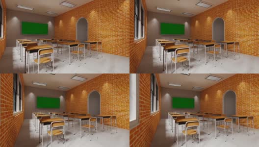 新常态教室和桌椅间距，防止新冠病毒(COVID-19)的传播。空教室是为了教和学。3 d渲染室内。高清在线视频素材下载