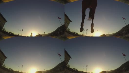 夕阳下的跨栏马，骑手的剪影高清在线视频素材下载