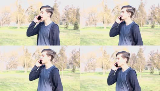 一个十几岁的男孩在公园里打手机。高清在线视频素材下载
