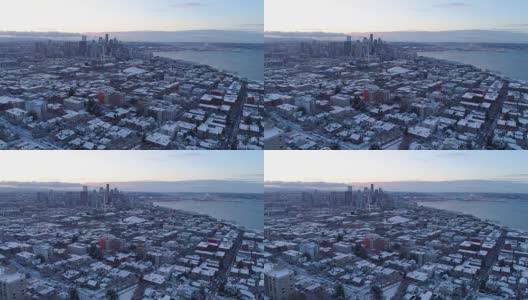 西雅图华盛顿城市景观空中飞行远离市中心社区冰雪寒冷的冬季景观高清在线视频素材下载
